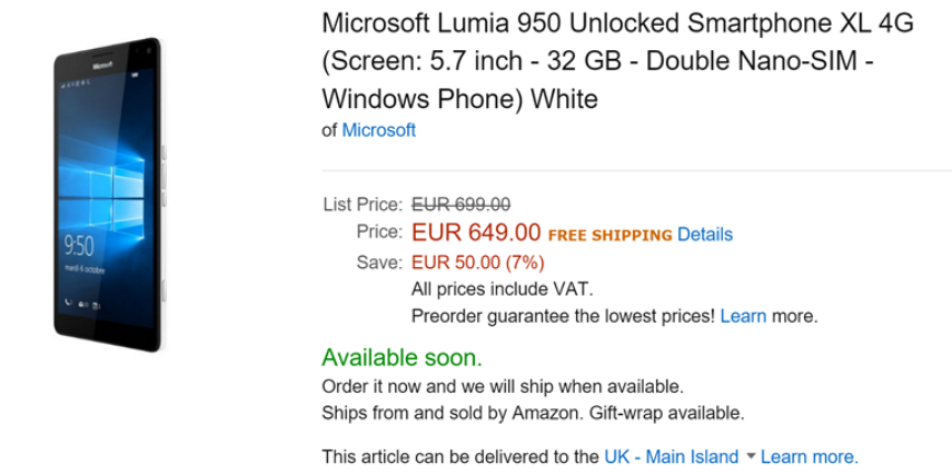 Lumia 950 و Lumia 950 XL در شعبه فرانسه فروشگاه اینترنتی Amazon تخفیف خوردند - تکفارس 