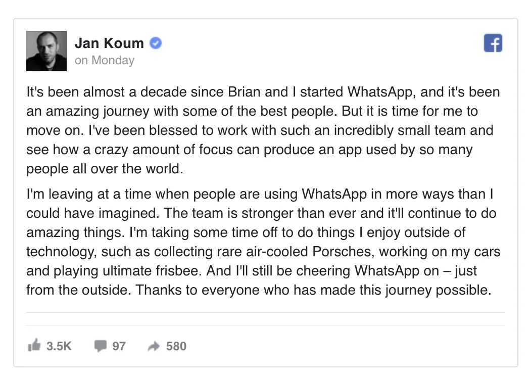 بنیان‌گذار واتساپ راه خود را از فیسبوک جدا می‌کند - تکفارس 