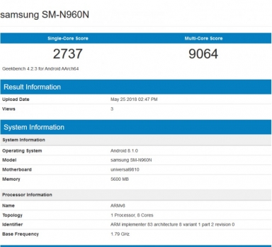 سامسونگ گلکسی Note 9 به همراه تراشه اگزینوس ۹۸۱۰ در بنچمارک Geekbench ثبت شد - تکفارس 