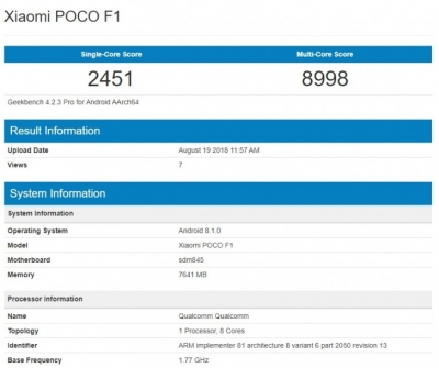 گوشی شیائومی Pocophone F1 به همراه ۸ گیگابایت حافظه رم در بنچمارک Geekbench رویت شد - تکفارس 